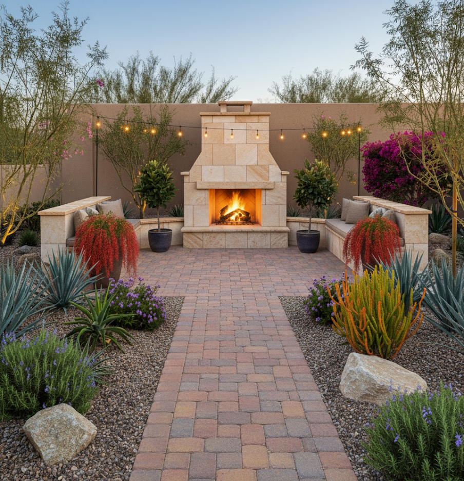Patio construction Scottsdale – Luxury paver patio with fire pit in Scottsdale by TJ’s Landscaping