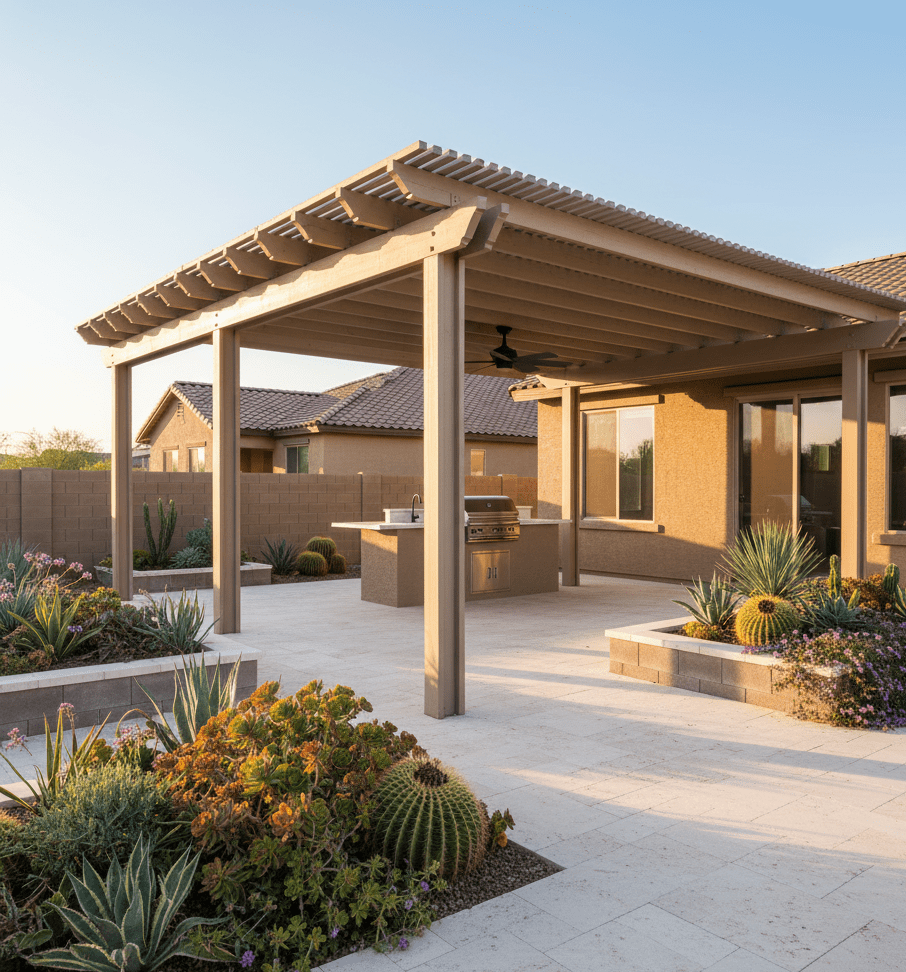 Phoenix outdoor kitchen – Stainless steel grill with stucco setup installed by TJ’s Landscaping