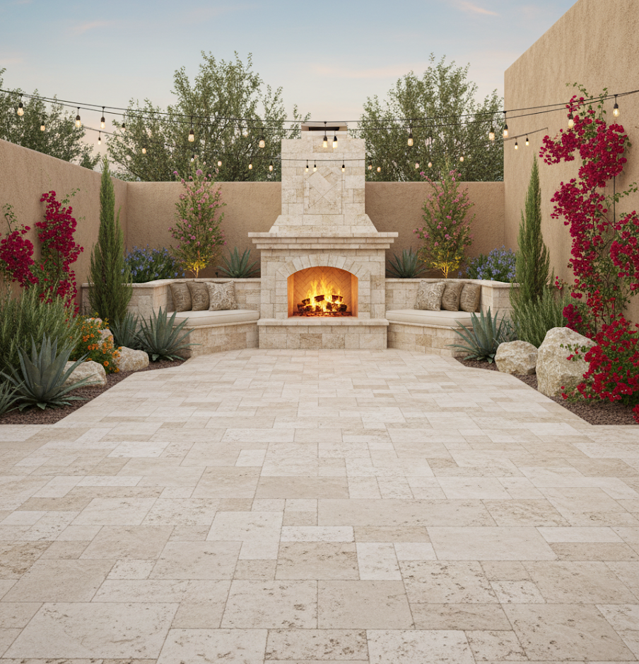 Travertine Patio with Fireplace and bench with plants by TJ Landscape