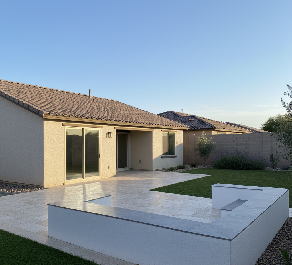 Travertine Patio with turf and Stucco Bench By TJ Landscape