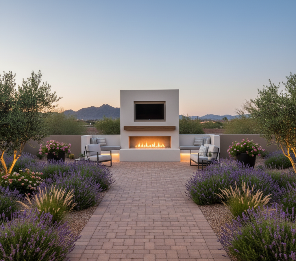 Desert patio designs Scottsdale – Stucco bench on travertine patio in Scottsdale by TJ’s Landscaping